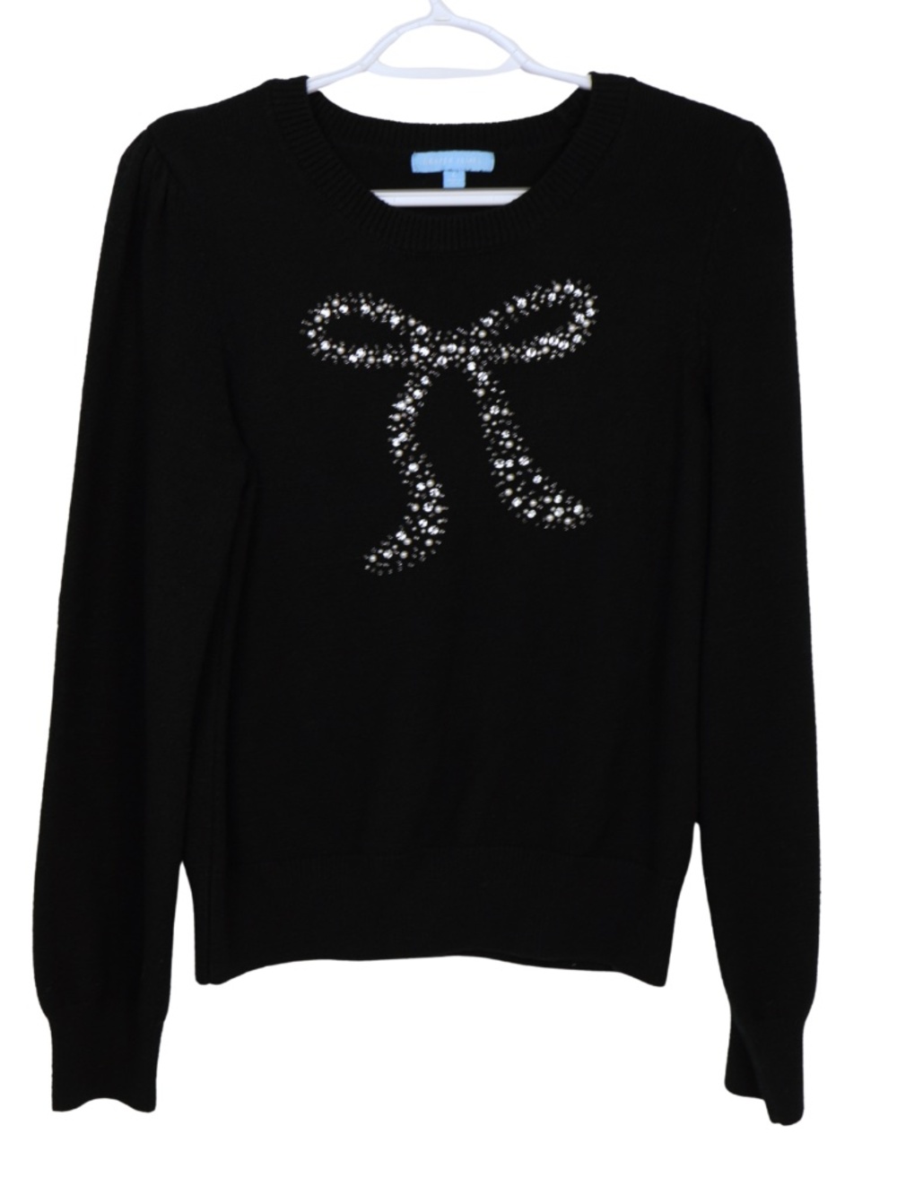 Draper James Black Sweater Large Crystal Embellished Bow Preppy Holiday - Picture 1 of 8